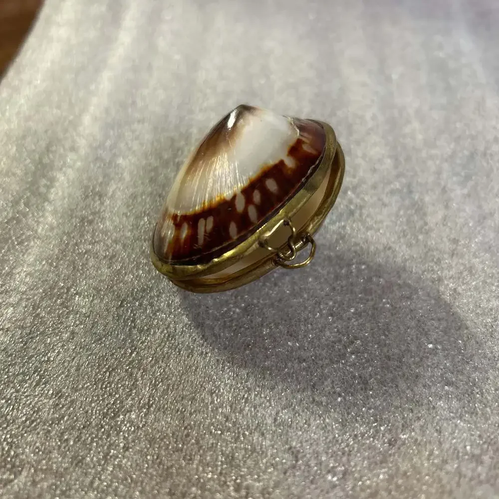 Vintage Sea Shell Trinket Box‎ Brass hinged Ring/Pill Box